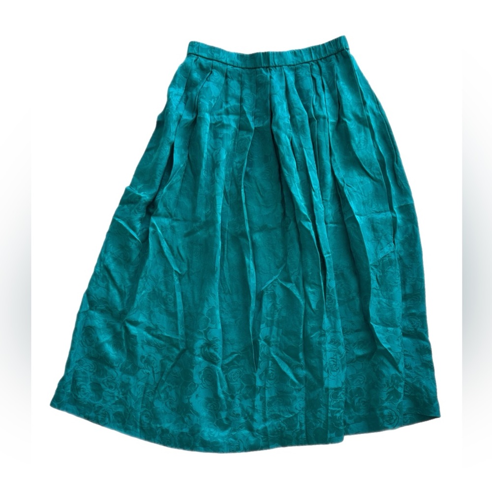 Vintage Teal 100% Silk Floral Jacquard Midi Skirt (Size 4)